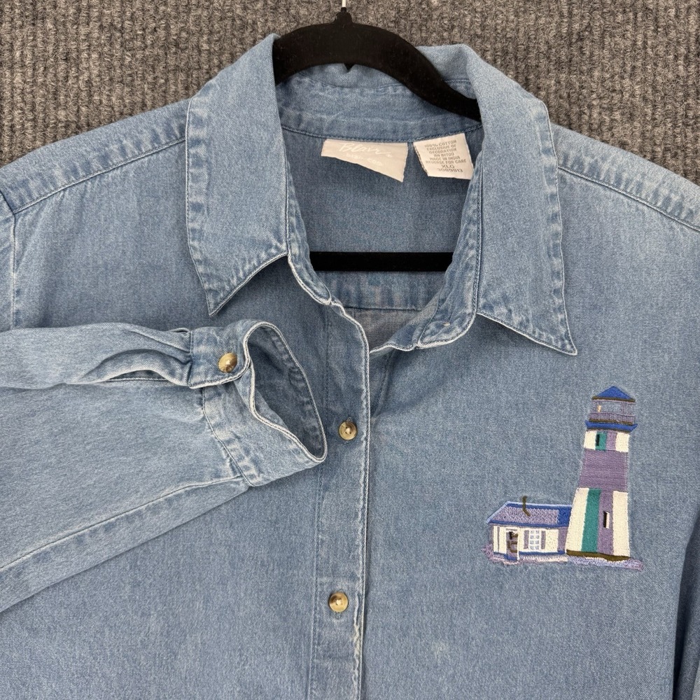 Vintage Blair womens XL lighthouse embroidered denim shirt long sleeve button - Picture 9 of 9